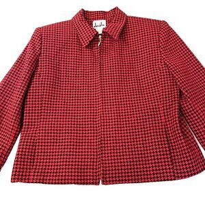 david N 100% WOOL Full Zip Jacket Blazer Womens 10 Red Black Herringbone Classic